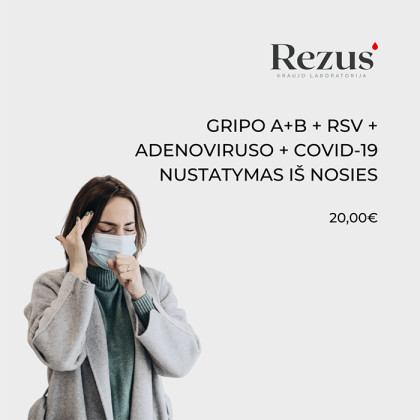 Gripo A+B + RSV + Adenoviruso + Covid-19 nustatymas iš nosies