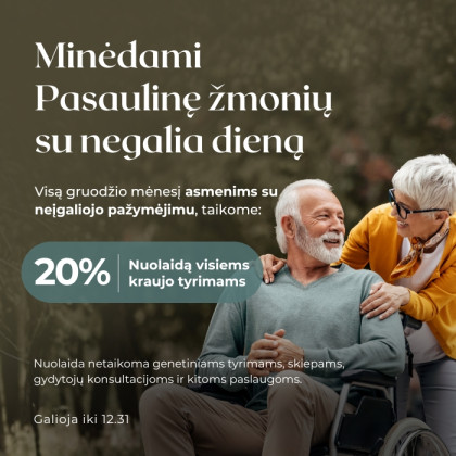 Visą gruodžio mėnesį su neįgaliųjų pažymėjimu - 20 % nuolaida kraujo tyrimams